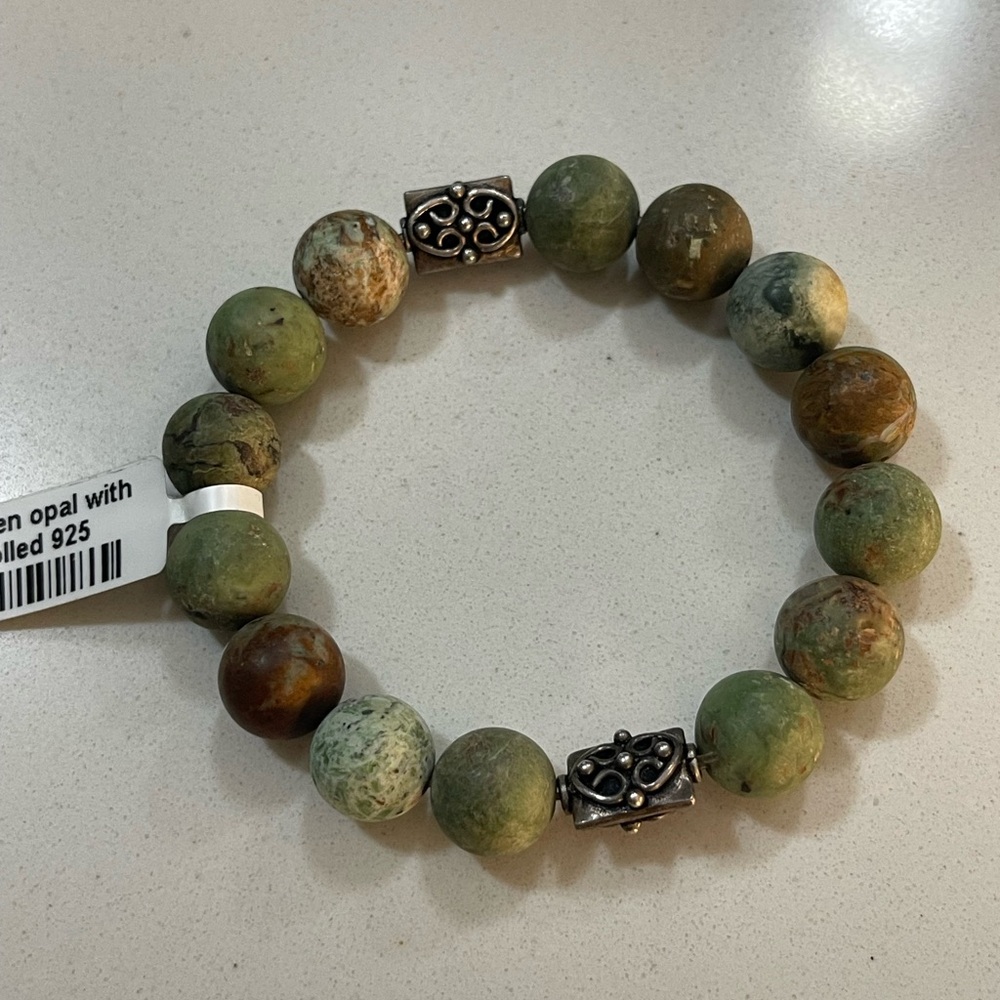 Green Opal Beaded Bracelet with Sterling Silver 925 Accents 6”